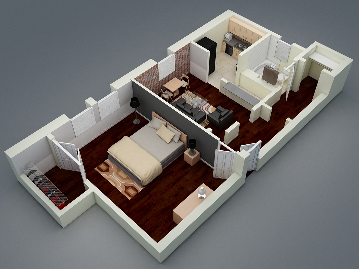 Floor plan for 1 bed, 1 bath, 631 sqft